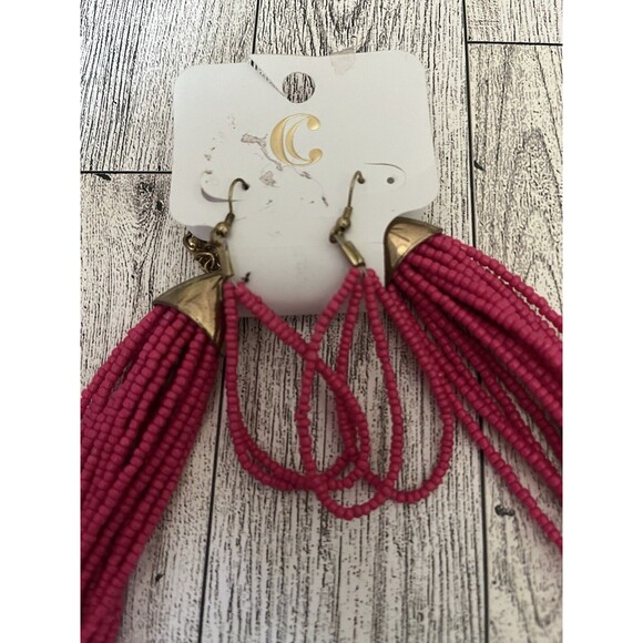 Charming Charlie Hot Pink Bronze Tone Seed Bead Layered Necklace Earrings Set - Picture 5 of 6